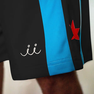 Chi Chi Sport black and blue basketball shorts with a red star emblem and white embroidered logo detail