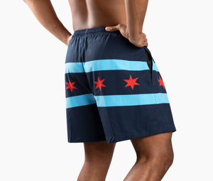 Chi Chi Sport The Lake Effect 5-inch shorts featuring a navy blue Chicago flag design with red stars and light blue.