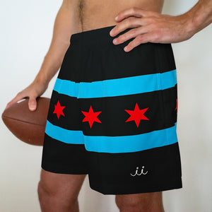 Chi Chi Sport The Lake Effect 5 inch athletic shorts featuring Chicago flag design with red stars on black and blue