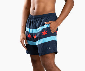 Chi Chi Sport The Lake Effect 5-inch athletic shorts featuring a navy blue Chicago flag design with red stars.