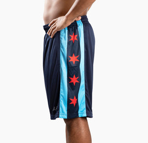 Chi Chi Sport MVP basketball shorts in navy blue with light blue side panels and red Chicago flag star details