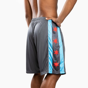 Chi Chi Sport grey basketball shorts with light blue side panels and red Chicago flag star details