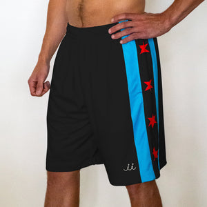 Chi Chi Sport The MVP basketball shorts in black with blue side stripes and red Chicago flag star details.