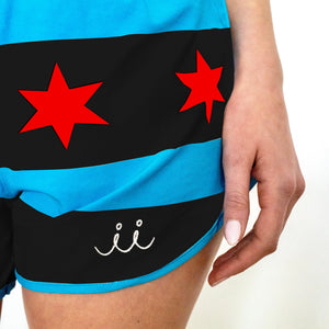 Chi Chi Sport The Mag Miler running shorts featuring blue and black Chicago flag design with red stars