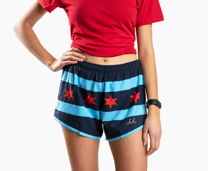 Chi Chi Sport women's running shorts featuring Chicago flag design with blue stripes and red stars, lightweight fabric