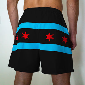 Chi Chi Sport The Lake Effect 7-inch athletic shorts featuring a black base with blue stripes and red Chicago stars.