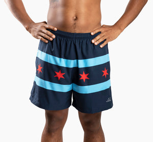 Chi Chi Sport The Lake Effect 5-inch athletic shorts featuring a navy blue Chicago flag design with red stars