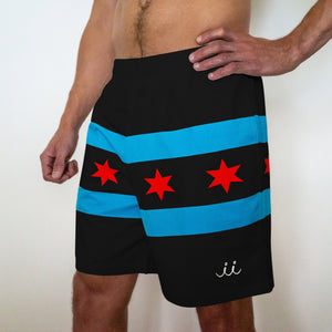 Chi Chi Sport The Lake Effect 7 inch athletic shorts featuring black fabric with blue stripes and red Chicago stars