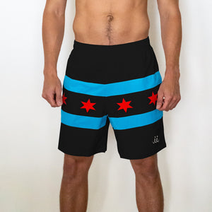 Chi Chi Sport The Lake Effect 7 inch athletic shorts featuring a black base with blue stripes and red Chicago stars.