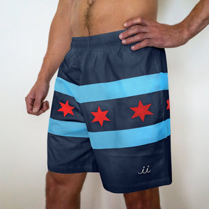 Chi Chi Sport The Lake Effect 7 inch shorts featuring a navy and light blue Chicago flag design with red stars