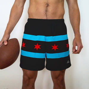 Chi Chi Sport The Lake Effect 5-inch athletic shorts featuring black fabric with blue stripes and red Chicago stars.
