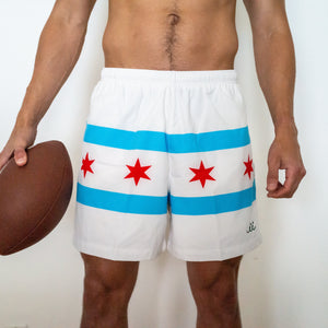 Chi Chi Sport The Lake Effect 5 inch shorts featuring a white base with light blue stripes and red Chicago stars