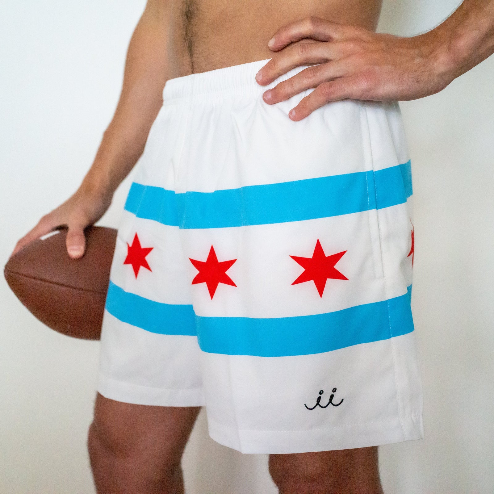 Chi Chi Sport The Lake Effect 5 inch shorts featuring a white base with light blue stripes and red Chicago stars