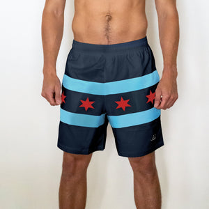Chi Chi Sport lightweight navy blue athletic shorts featuring the Chicago flag design with light blue stripes and stars