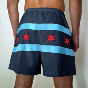 Chi Chi Sport The Lake Effect 7 inch athletic shorts featuring the Chicago flag design with red stars and blue stripes
