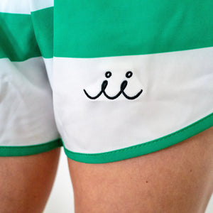 Chi Chi Sport women's running shorts in green and white stripes with embroidered logo and built-in briefs