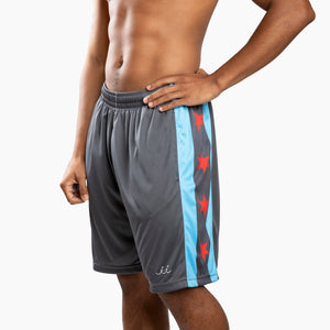 Chi Chi Sport grey basketball shorts with light blue side stripes and red Chicago flag stars, 10-inch inseam
