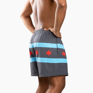 Chi Chi Sport The Lake Effect 5 inch shorts in grey with light blue stripes and red Chicago flag star details