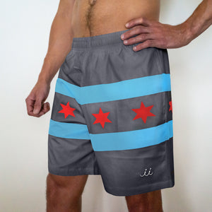 Chi Chi Sport The Lake Effect 7 inch athletic shorts in grey with light blue stripes and red Chicago flag stars
