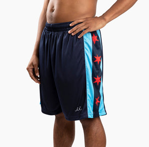 Chi Chi Sport The MVP basketball shorts in navy with light blue side panels and red Chicago flag star details.