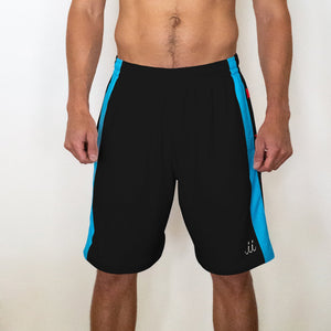 Chi Chi Sport The MVP basketball shorts in black with blue side panels and a 10-inch inseam on a male model