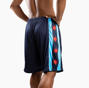 Chi Chi Sport navy blue basketball shorts with light blue side panels and red Chicago flag star details