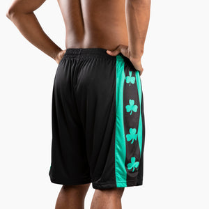 Chi Chi Sport Shamrock Chicago Flag basketball shorts in black and green with side shamrock pattern and pockets