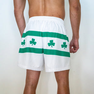 Chi Chi Sport white running shorts with green shamrock and Chicago flag stripe pattern, 5-inch inseam, back view.