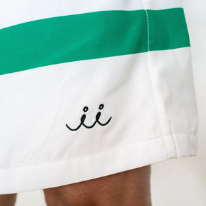 Chi Chi Sport Shamrock running shorts in white with a green stripe and embroidered logo detail on the leg