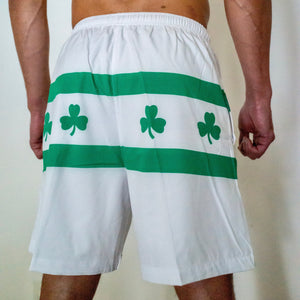 Chi Chi Sport men's white running shorts with green shamrock Chicago flag pattern and 7-inch inseam