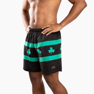 Chi Chi Sport men's black and green shamrock print running shorts with a 5-inch inseam and side pockets