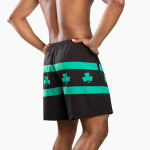Chi Chi Sport men's black running shorts with green shamrock print and side pockets, 5-inch inseam back view