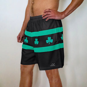 Chi Chi Sport men's 7-inch running shorts in black with green shamrock print and side pockets