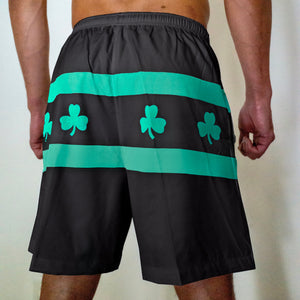 Chi Chi Sport men's black running shorts with green shamrock and Chicago flag stripe pattern, 7-inch inseam.