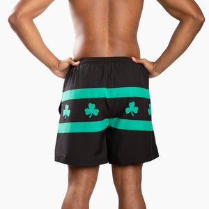 Chi Chi Sport men's black running shorts with green shamrock and Chicago flag stripe pattern, 5-inch inseam back view