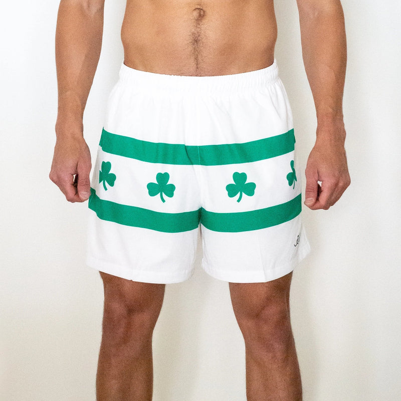 Chi Chi Sport men's white running shorts with green stripes and shamrock print, 5-inch inseam athletic wear.