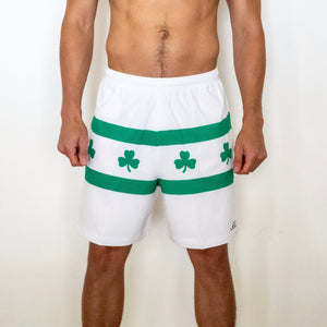 Chi Chi Sport men's white running shorts with green stripes and shamrock print, 7-inch inseam athletic polyester blend