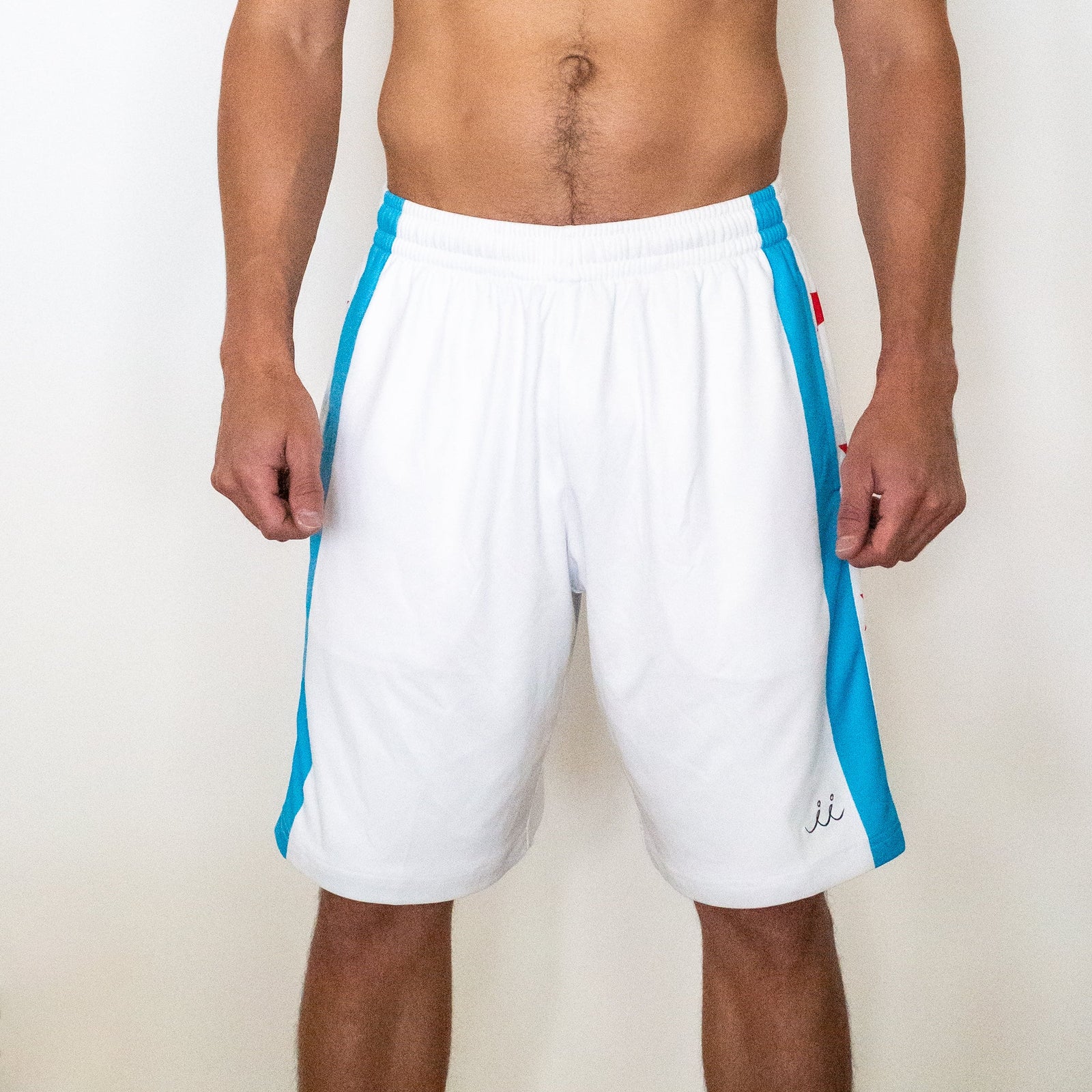Chi Chi Sport white basketball shorts with blue side stripes and red Chicago flag stars, 10-inch inseam polyester