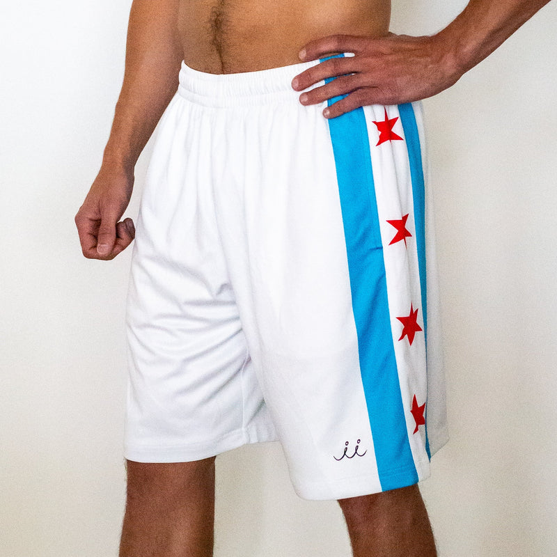 Chi Chi Sport white basketball shorts with blue side stripes and red Chicago flag stars, 10-inch inseam polyester